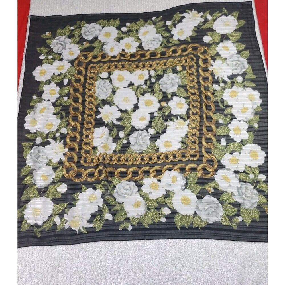 Silk Colorful Black Gold Chain White Floral Square Multifunctional Scarf Wrap